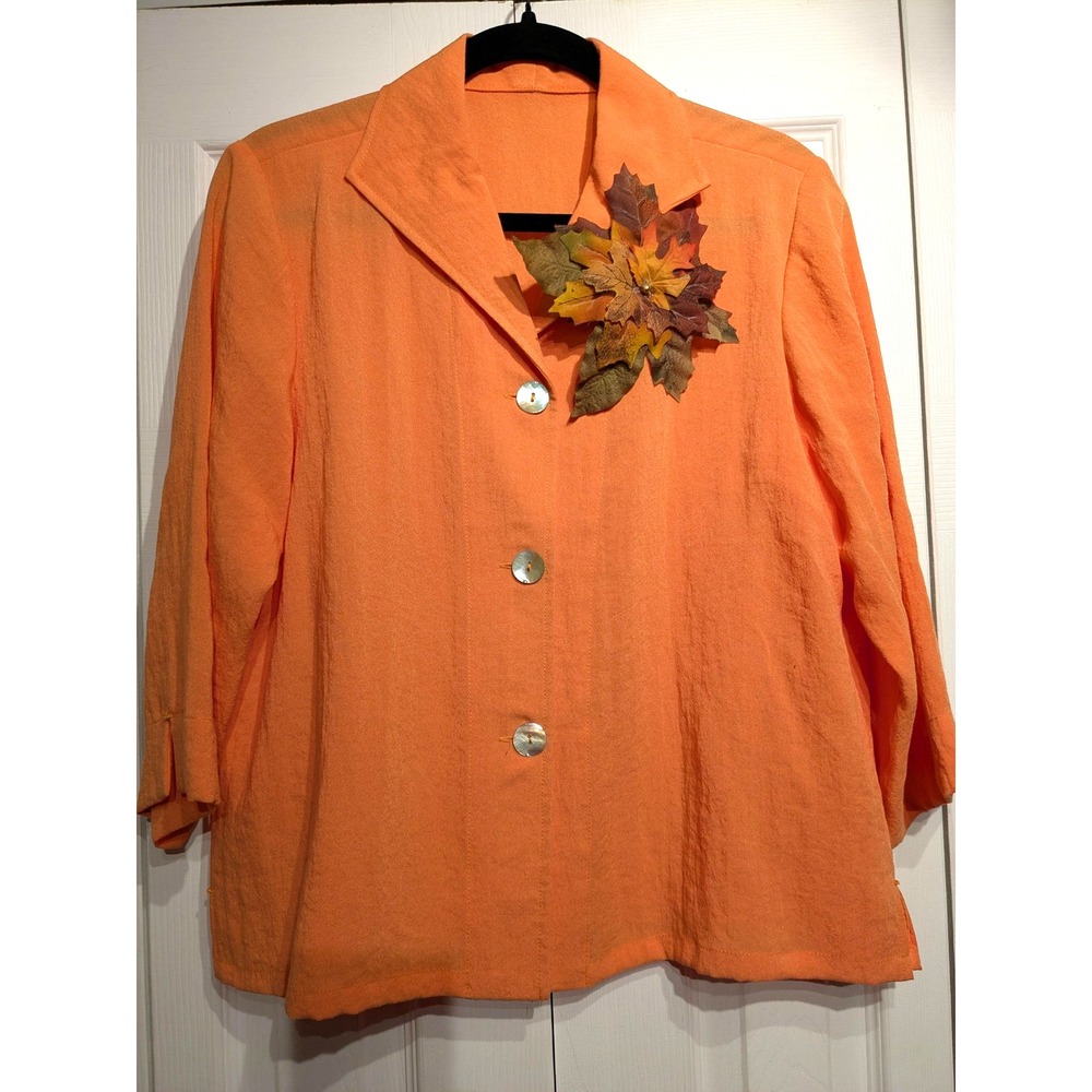 Fridaze Button UP Jacket Womens M Linen Button Blazer Leaf Brooch Fall Topper